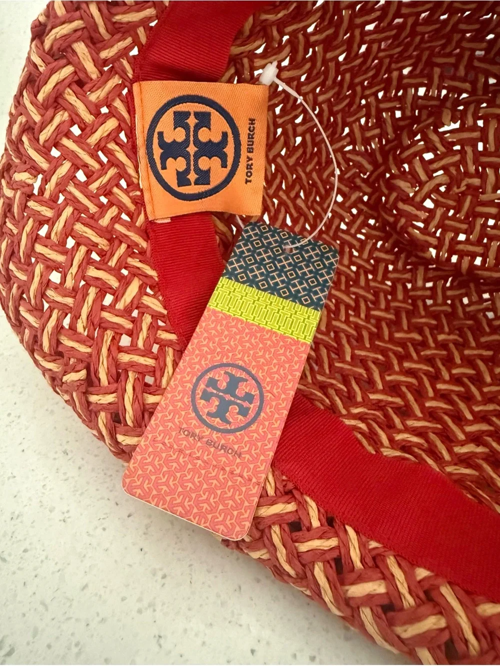 Tory Burch Lobster Red and Natural Woven Straw Fedora with Red Ribbon